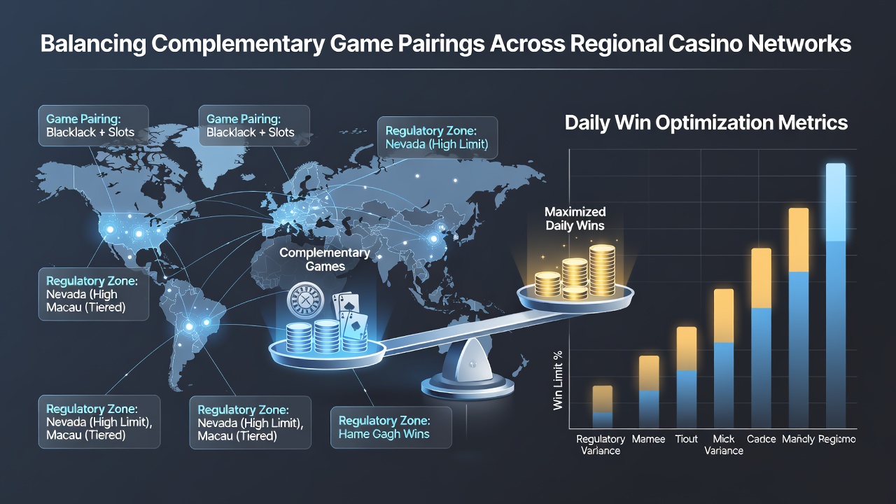Casino floor layout showing paired gaming zones with slots and table games connected through regional network oversight