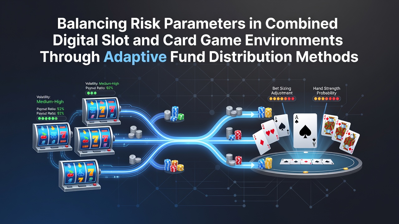 Digital interface showing slot reels alongside card game tables with overlaid risk allocation graphs and fund distribution sliders