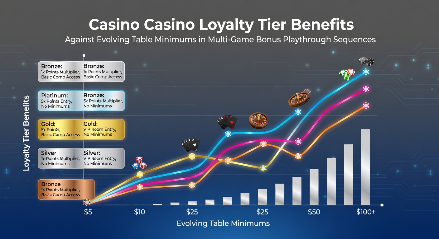 Casino loyalty tier benefits chart comparing table minimums and bonus playthrough sequences across multiple games