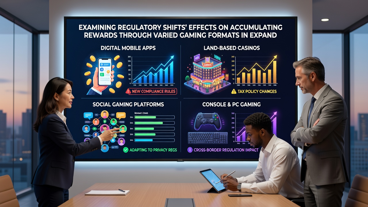 Casino floor with diverse gaming stations and digital reward tracking displays in an emerging market location