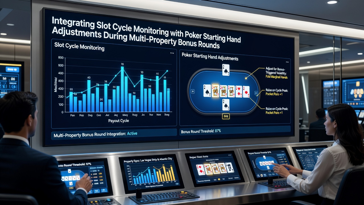 Player reviewing digital charts that overlay slot cycle data with poker hand ranges across multiple casino properties