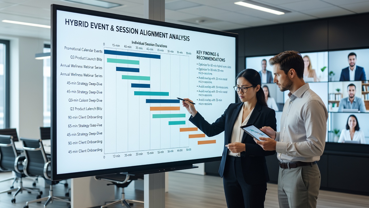 Analytics dashboard displaying session duration charts alongside promotional calendar entries