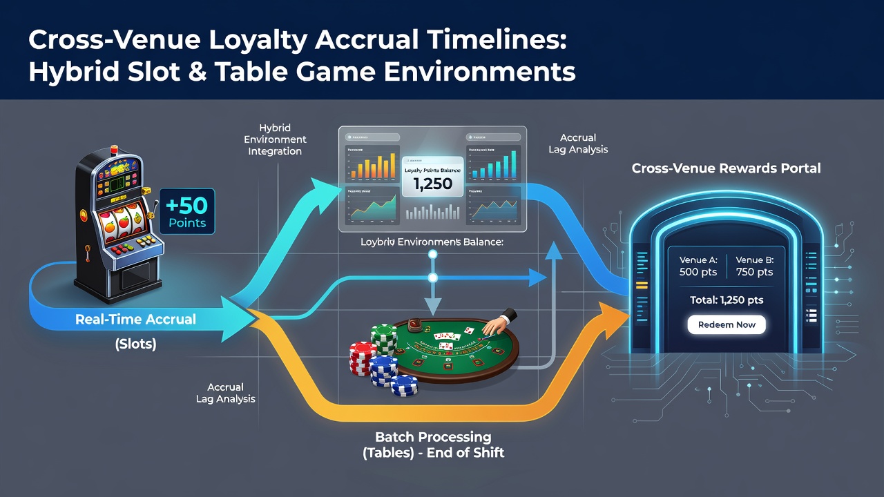 Split-screen view of casino floor with overlaid loyalty timeline charts for slot and table game play across connected venues
