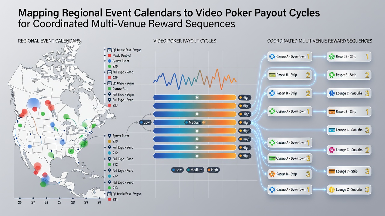 Multi-venue reward sequencing diagram showing loyalty tier timelines and payout cycle markers