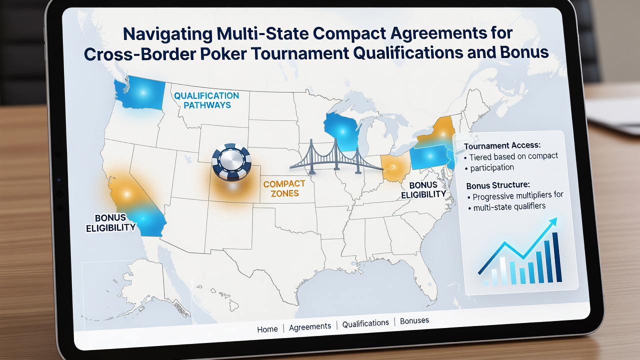 Map highlighting active multi-state poker compact zones with tournament qualification routes