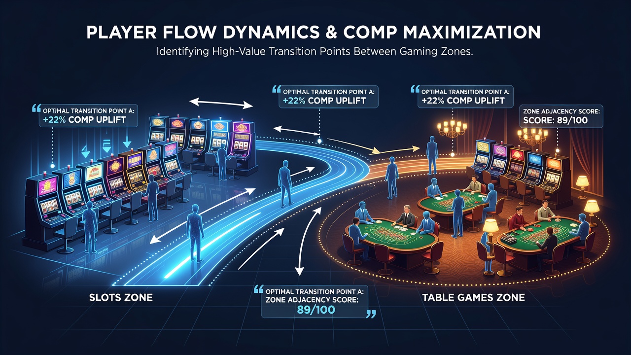 Diagram showing player movement paths between slot and table game zones in a casino layout