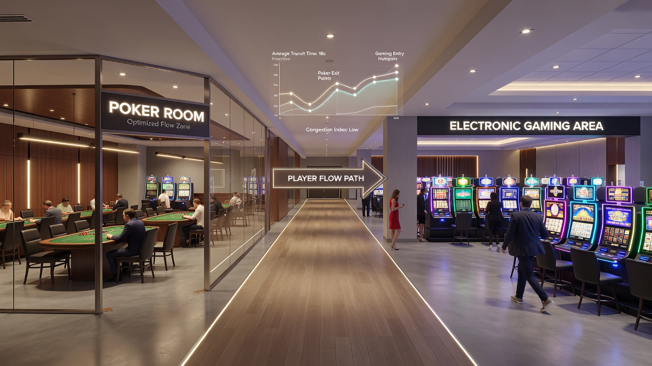 Heatmap overlay showing player density shifts from poker tables to electronic gaming banks during peak hours