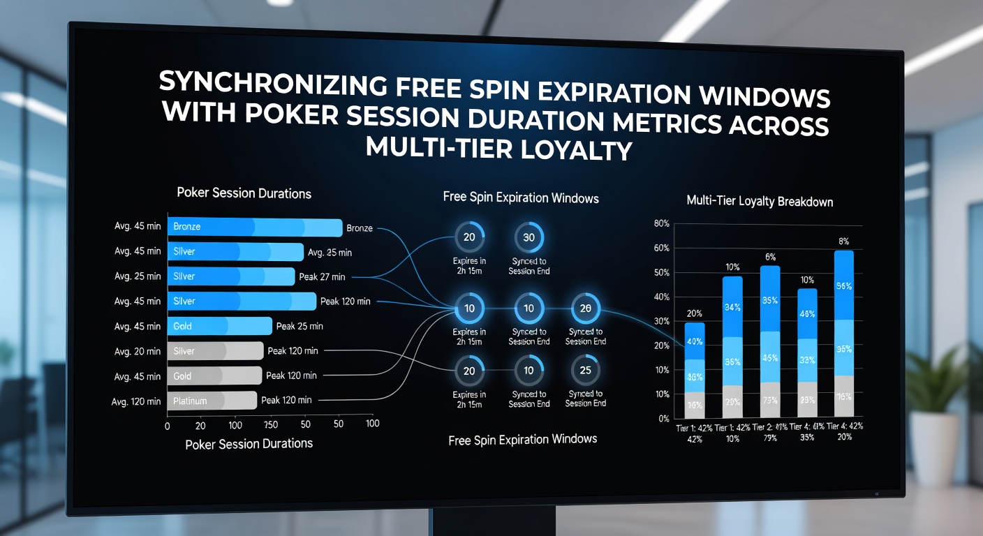Multi-tier loyalty interface showing free spin timers aligned with poker session analytics and wagering progression charts